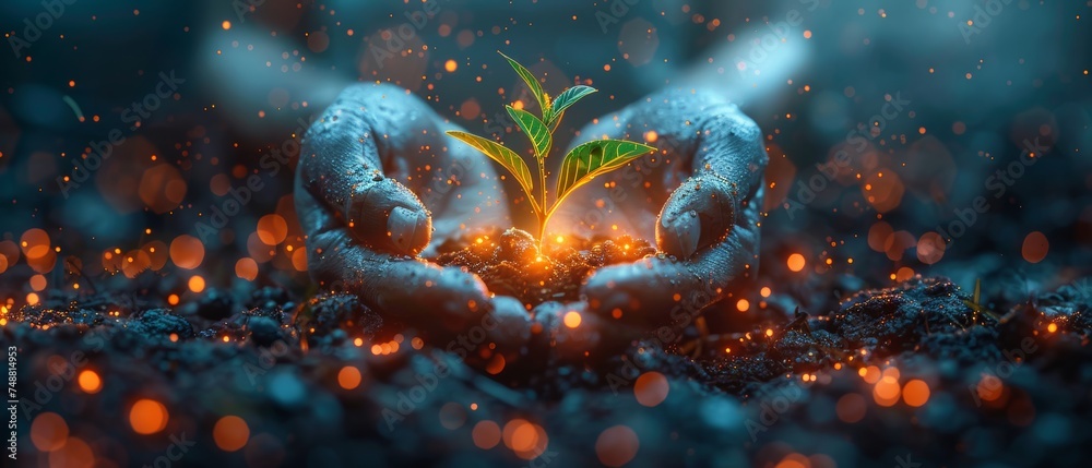 Poster background with low polygonal sprouts and geometry triangles. abstract human hands holding sprout po