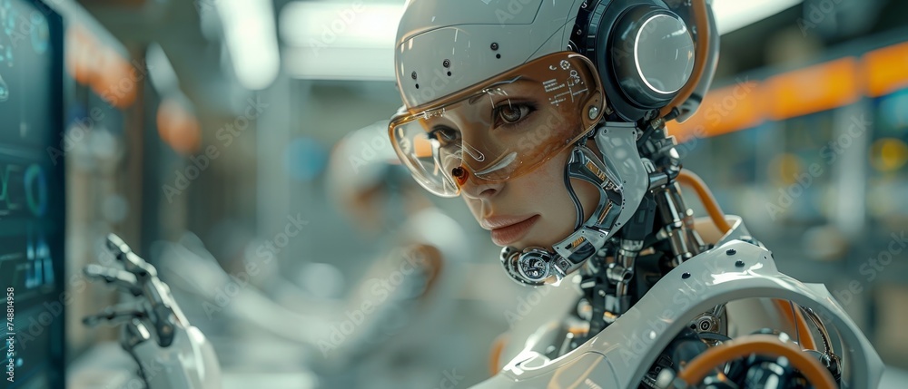 Aufkleber In a future science laboratory, a robot head is connected to a computer. Development engineering robot, cyborg artificial intelligence. 3D interface of an artificial intelligence or cybernetics mind