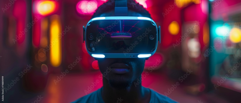 Poster using virtual reality headset to play games and entertainment in virtual worlds. user wearing 3d vr 