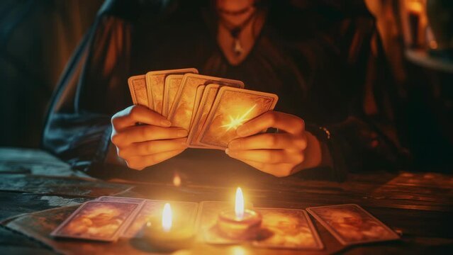 A psychic sitting at a table, holding tarot cards and looking at them