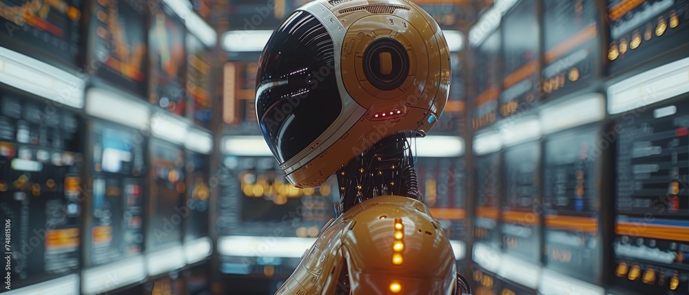 Poster The robotic trader analyzes chart of the stock exchange market. A woman robot trader works on the forex market. An AI system develops a trading strategy for stock exchange trading.