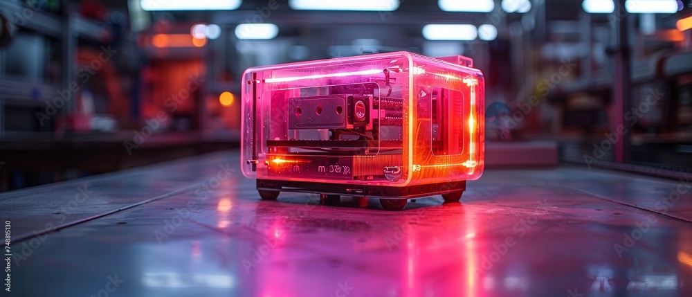Fototapete icon of a 3d printer in a tech neon frame in modern technology style. conceptual banner for additive