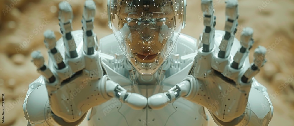 Poster The bipedal autonomous humanoid robot. Humanoid robotics technology. The anthropomorphic robotic helper.