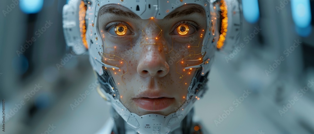 Aufkleber Image of an artificial intelligence robot head on an engineer's desk. Programming, learning artificial neural networks. Futuristic computer interface of AI configurations.