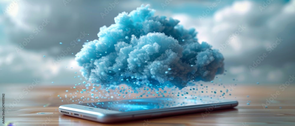 Fototapete angular 3d icon of cloud on a smart phone screen. concept of uploading data to online cloud storage 