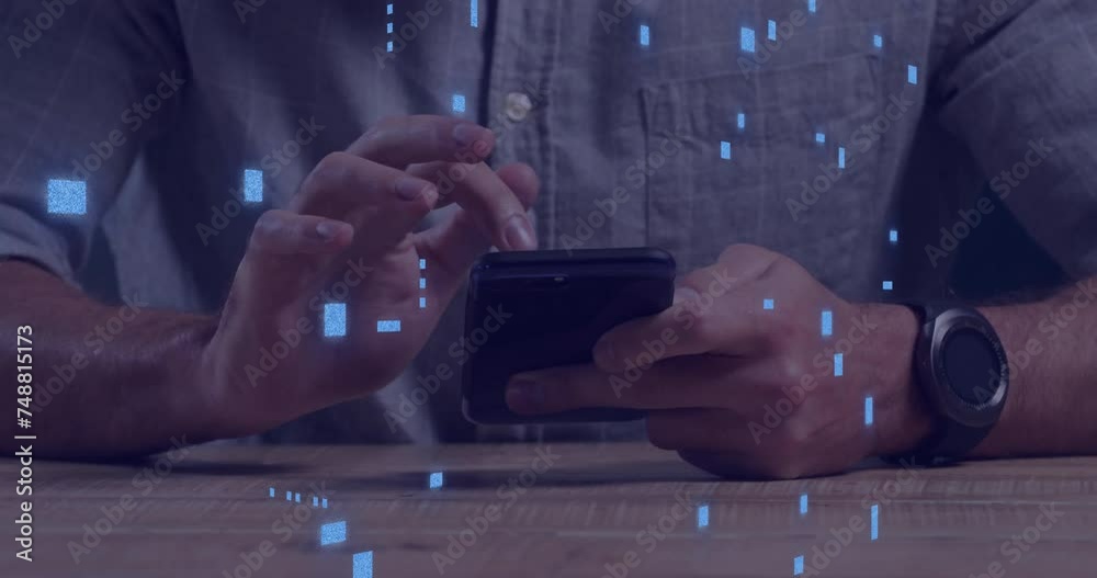 Poster animation of circuit board with data processing over caucasian man using smartphone