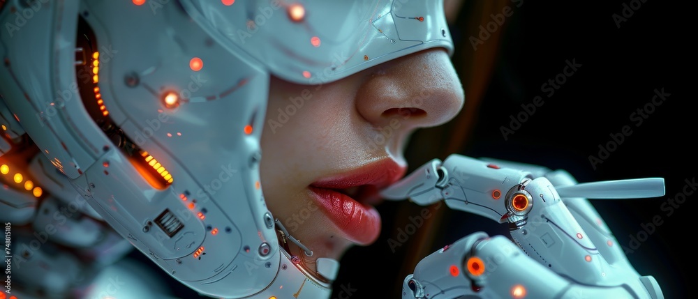 Poster the face of a terrifying mechanical robot hidden under a human mask is clearly visible. with 3d prin