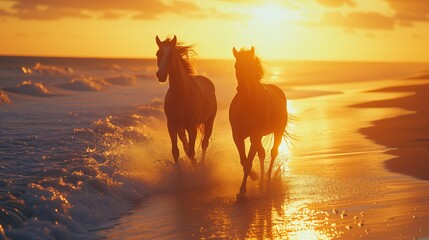 two horses running on the beach