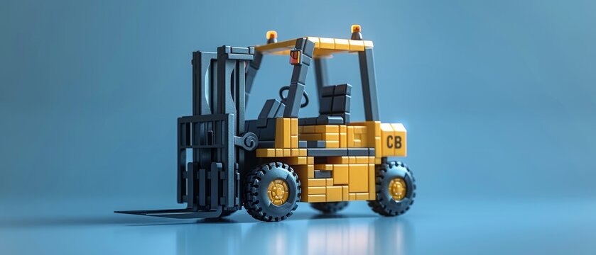 In this illustration on blue, you can see forklift, automated logistics service, digital warehouse, forklift technology, electric cargo machine, package delivery, AAAI industry equipment, factory