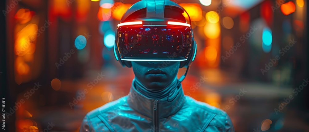 Aufkleber video computer gamer in cyberspace wearing 3d virtual reality headset in virtual reality simulation 