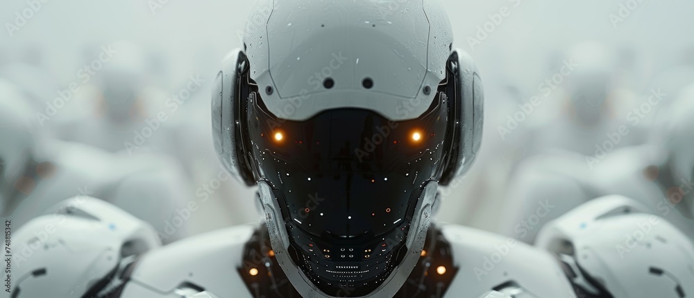 Poster The Artificial Intelligence Revolution is in full swing. AI has been programmed in robots or cyborgs. Machines are looking at screens and learning. Deep Machine Learning. Back view. Neural network,