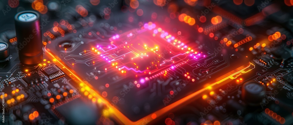 Poster Optical processor processing light signal. Quantum computer of glowing qubits. Laser ray transmitting digital signal in chip or processor. Abstract technology background.