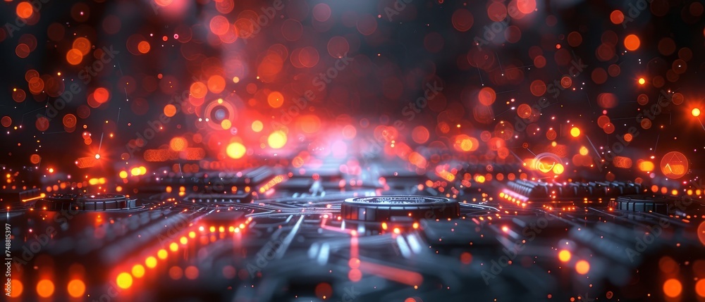 Leinwandbilder CAD system with abstract background. 3D virtual reality interface with electronic hardware technological illustrations. Quantum computing processors. Future computer technology.