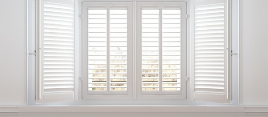 A white window with closed shutters is the focal point in this pristine white room. The wooden shutters contrast beautifully against the white walls, creating a simple and elegant aesthetic.