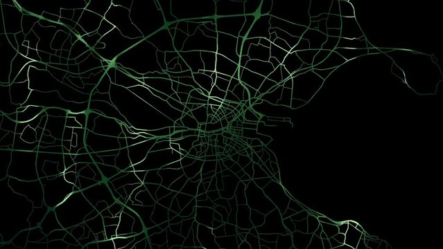 Zoom in road map of Dublin Ireland with green glowing roads on a black background.