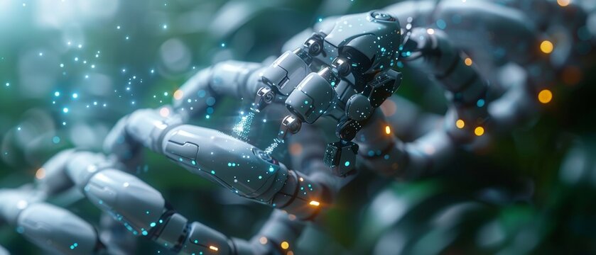 A micro robot edits a DNA molecule. Molecular genetic research technology in the future. A robotic arm works to modify genes in molecular DNA. A medical nanorobot to enhance medicine genetics.