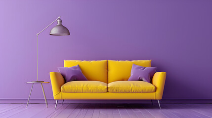 Yellow stylish sofa with purple pillows and a metallic lamp