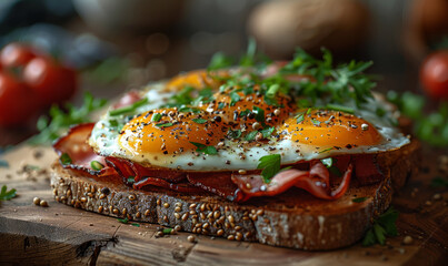 Sandwich with fried eggs bacon and tomatoes on wooden board