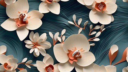 3d orchid floral flowers seamless repeat pattern, floral pattern, flower paper art, in the style of light peach and dark teal polish folklore motifs, detailed foliage - obrazy, fototapety, plakaty