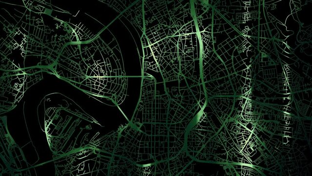 Zoom in road map of Dusseldorf Germany with green glowing roads on a black background.