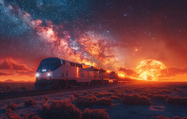 Train traveling on the tracks against night sky with stars and red planet