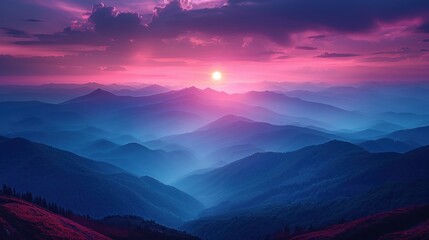 Beautiful summer mountain landscape. Blue color of mountains during sunset. Dramatic scene.