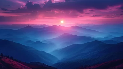 Foto op Canvas Beautiful summer mountain landscape. Blue color of mountains during sunset. Dramatic scene. © MUCHIB
