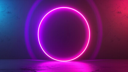 neon pink circle illuminates a dark room, casting vibrant glows on the textured walls and floor