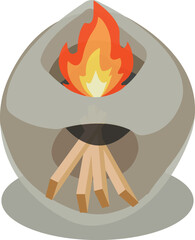 Clay stove with fire isolated on white background vector illustration