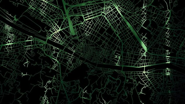 Zoom in road map of Florence Italy with green glowing roads on a black background.
