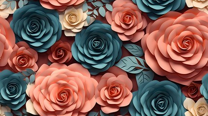 3d rose floral flowers seamless repeat pattern, floral pattern, flower paper art, in the style of light peach and dark teal polish folklore motifs, detailed foliage