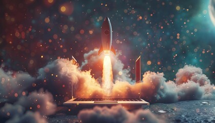Digital Dreams Take Flight: Rocket Ascends from Laptop, creativity and aspiration with an image of a rocket taking off from a laptop screen, AI