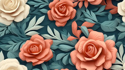 3d rose floral flowers seamless repeat pattern, floral pattern, flower paper art, in the style of light peach and dark teal polish folklore motifs, detailed foliage - obrazy, fototapety, plakaty