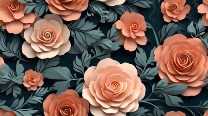 3d rose floral flowers seamless repeat pattern, floral pattern, flower paper art, in the style of light peach and dark teal polish folklore motifs, detailed foliage - obrazy, fototapety, plakaty
