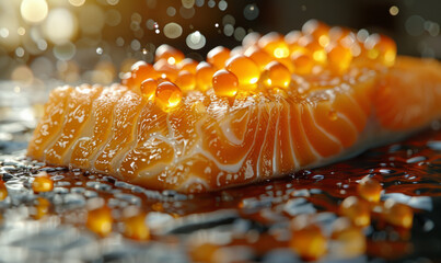 Salmon and caviar on dark background with air bubbles