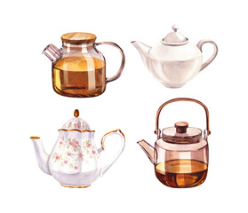 Collection of the teapots of tea, porcelain ceramic white and glass teapot. Watercolor hand-drawn illustration isolated on white background. Perfect for recipe lists with drinks, brochures for cafe.