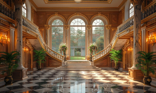 3D rendering of luxury palace entrance hall with columns marble staircase and large arched windows