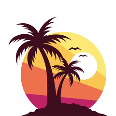 silhouette of palm trees on the beach. Tropical summer island logotype design. 