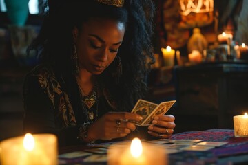 A Black woman reading tarot cards in a room with candles - obrazy, fototapety, plakaty