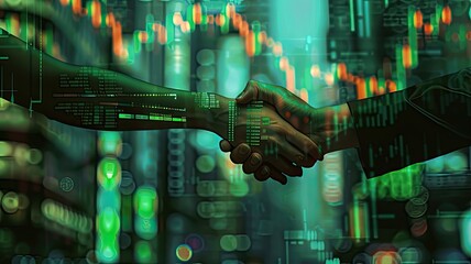 a dynamic scene merging the digital and physical worlds, featuring a handshake between a digital hand and a real hand against the backdrop of a stock exchange.