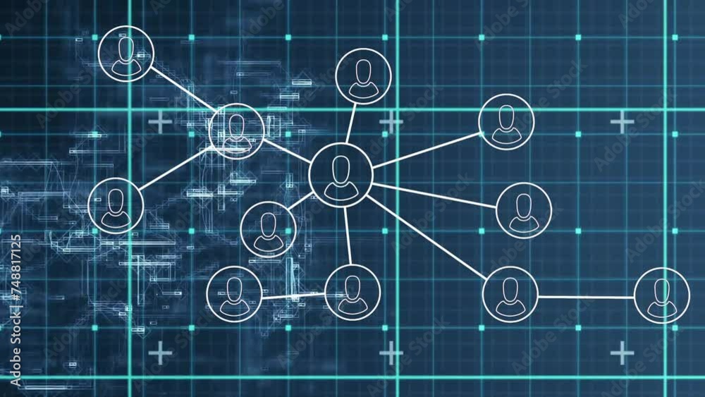 Poster animation of network of connections with people icons and data processing over grid