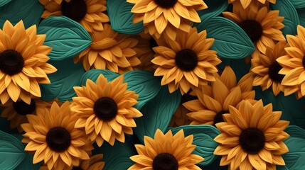 3d sunflower floral flowers seamless repeat pattern, floral pattern, flower paper art, in the style of light peach and dark teal polish folklore motifs, detailed foliage - obrazy, fototapety, plakaty