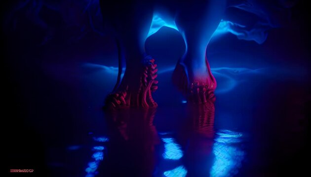 Limbs of an alien creature, surreal elusive movements. Extraterrestrial being moving in neon lights. Strange space being dancing on dark background. Bright feet of a martian. Alien moving in space