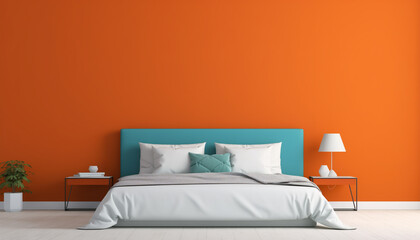 Modern double bed with vibrant orange wall with copy space. Minimalist modern bedroom interior design - obrazy, fototapety, plakaty