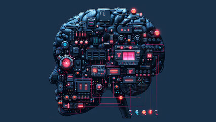 Human brain made with modular synthesizer and techno patchcable flat background