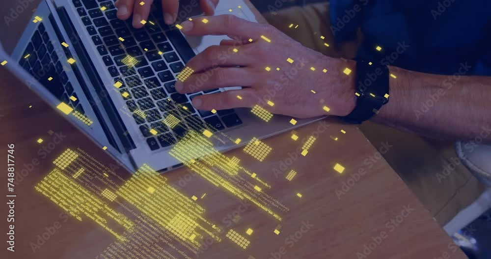 Poster animation of circuit board with data processing over caucasian man using laptop