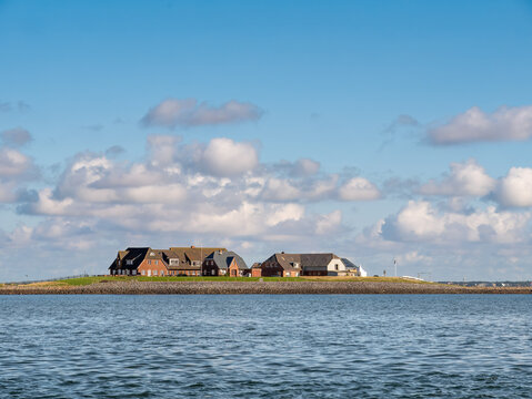 Hilligenley warft on Hallig Langeness, North Frisia, Schleswig-Holstein, Germany