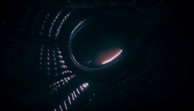 Winding passage of neon lights inside an alien spaceship. Moving through the maze abroad an alien spacecraft. Labyrinth of gleaming lights in the dark. Dizzy allien maze of light and darkness. Vertigo