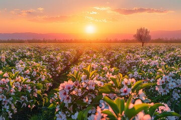 Spring Sunrise Over Blooming Orchard

