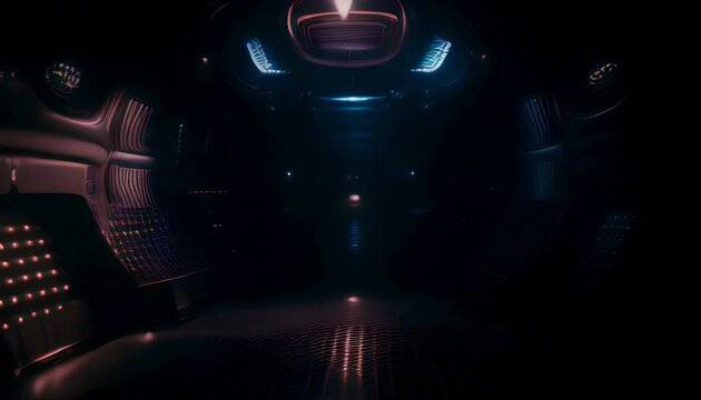 Inside alien spaceship. Interion of a sci-fi spacecraft in dark tones with bright neon parts and sinister gleaming lights.. Space journey in a futuristic space ship. Alien spacecraft interior design. 